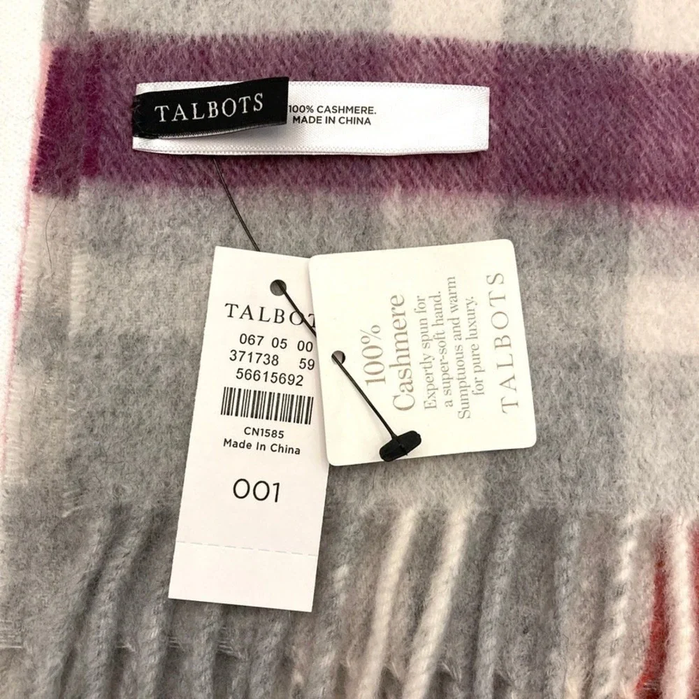 Talbots 100% Cashmere Scarf Pink Purple Plaid NEW 76